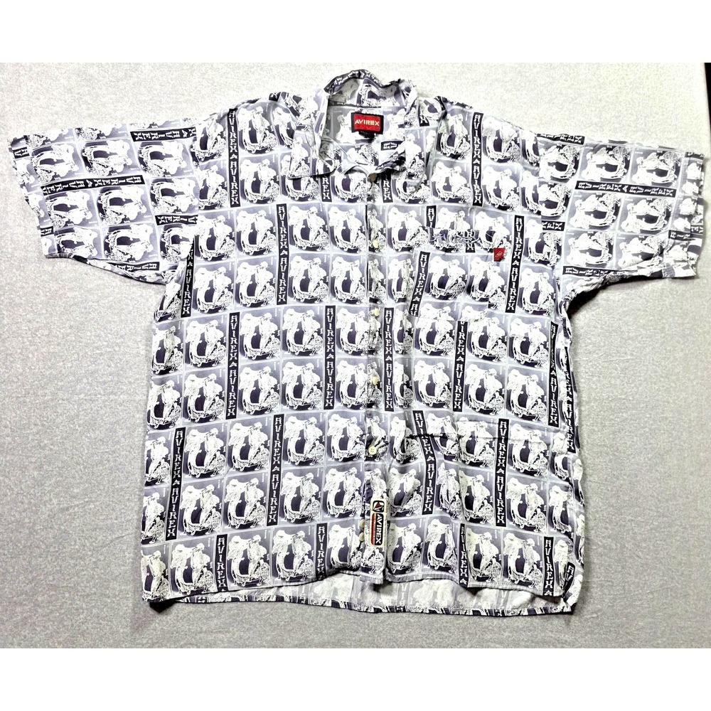 Vtg Avirex Shirt Mens 2XL Gray Skull All Over Print AOP Rayon Cyber Streetwear
